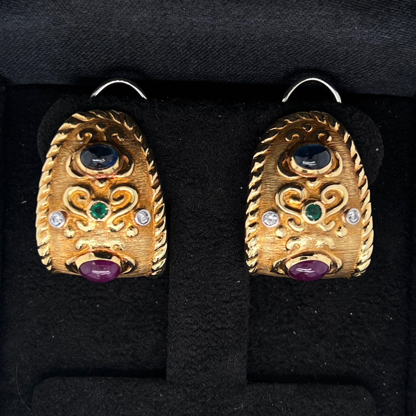 Vintage 1980's 18K yellow, gold, sapphire,Ruby,emerald diamond earrings - 2