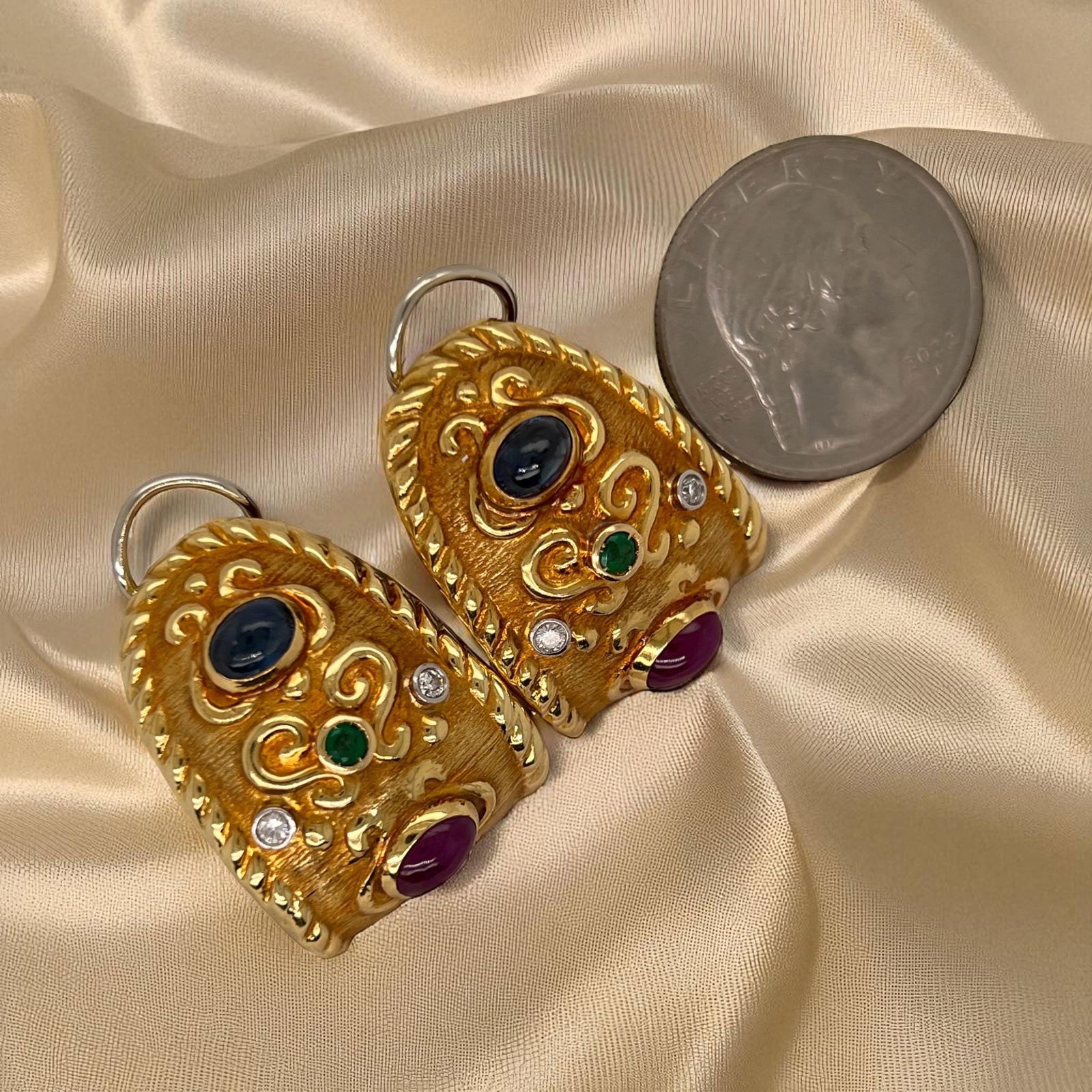 Vintage 1980's 18K yellow, gold, sapphire,Ruby,emerald diamond earrings - 3
