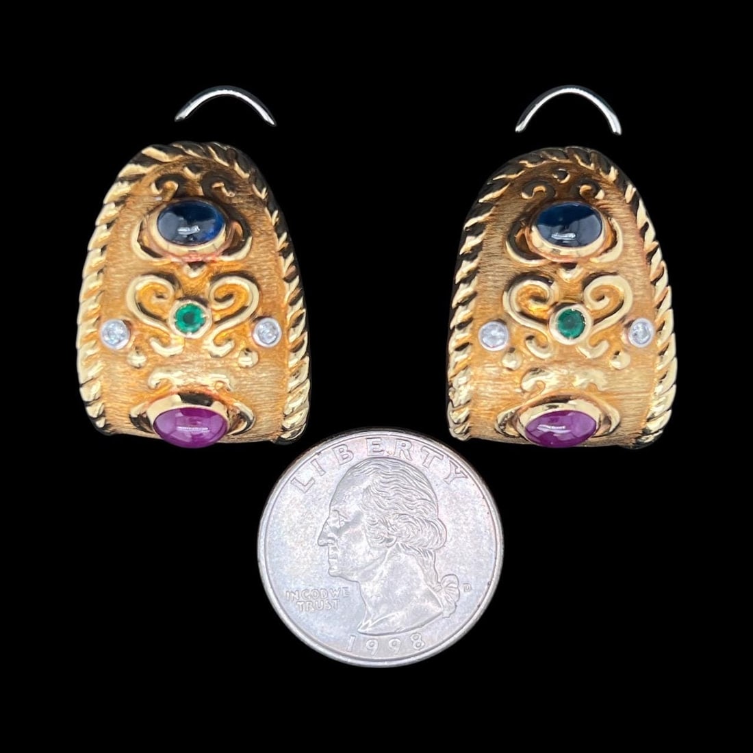 Vintage 1980's 18K yellow, gold, sapphire,Ruby,emerald diamond earrings - 4