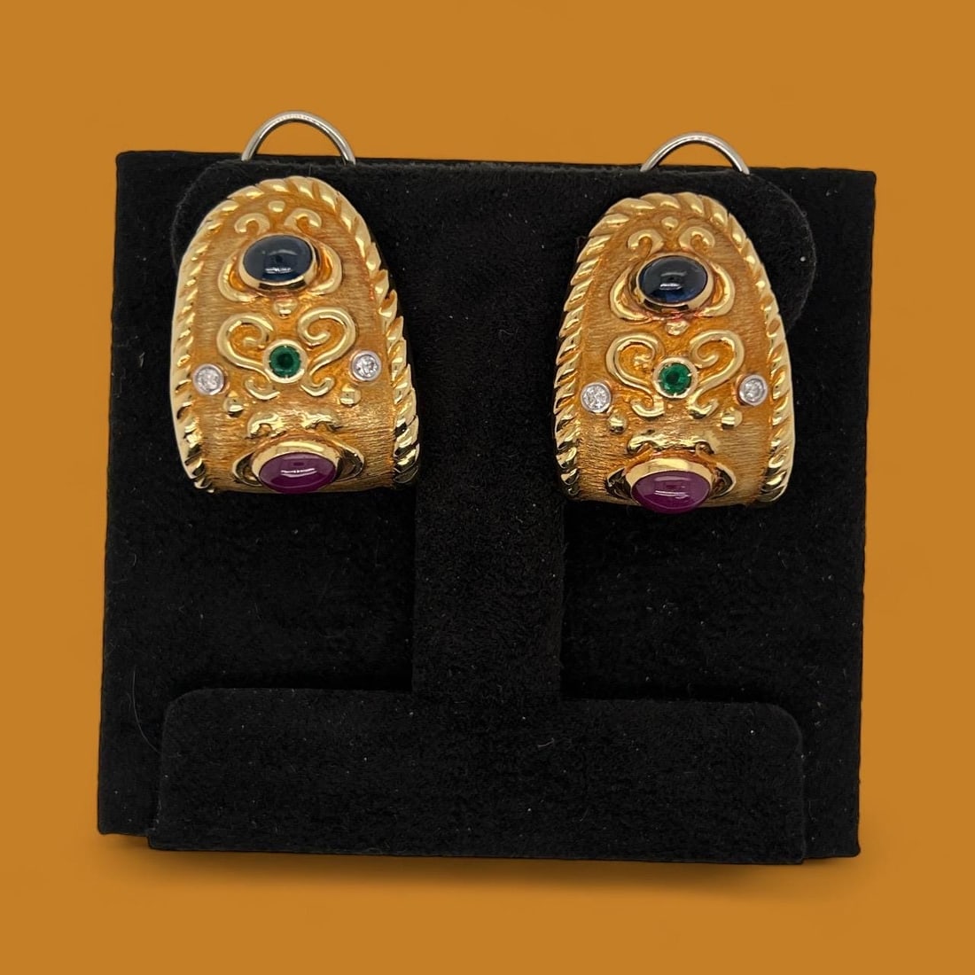 Vintage 1980's 18K yellow, gold, sapphire,Ruby,emerald diamond earrings - 7