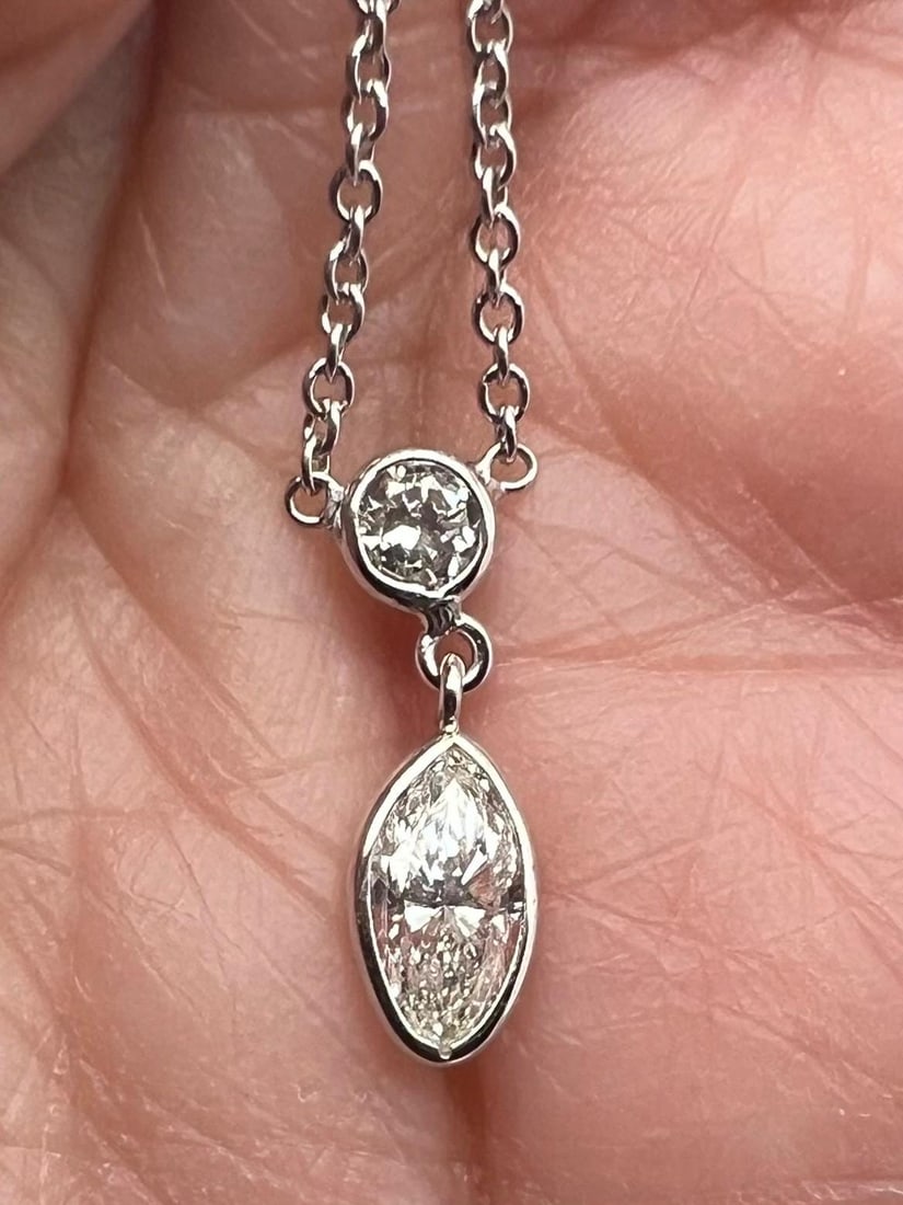 14k white gold marquis and round diamond drop pendant - 7