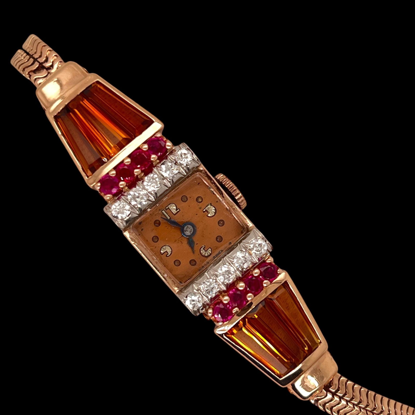 Vintage 14k rose gold ladies art deco citrine ruby diamond watch (1 of 8)