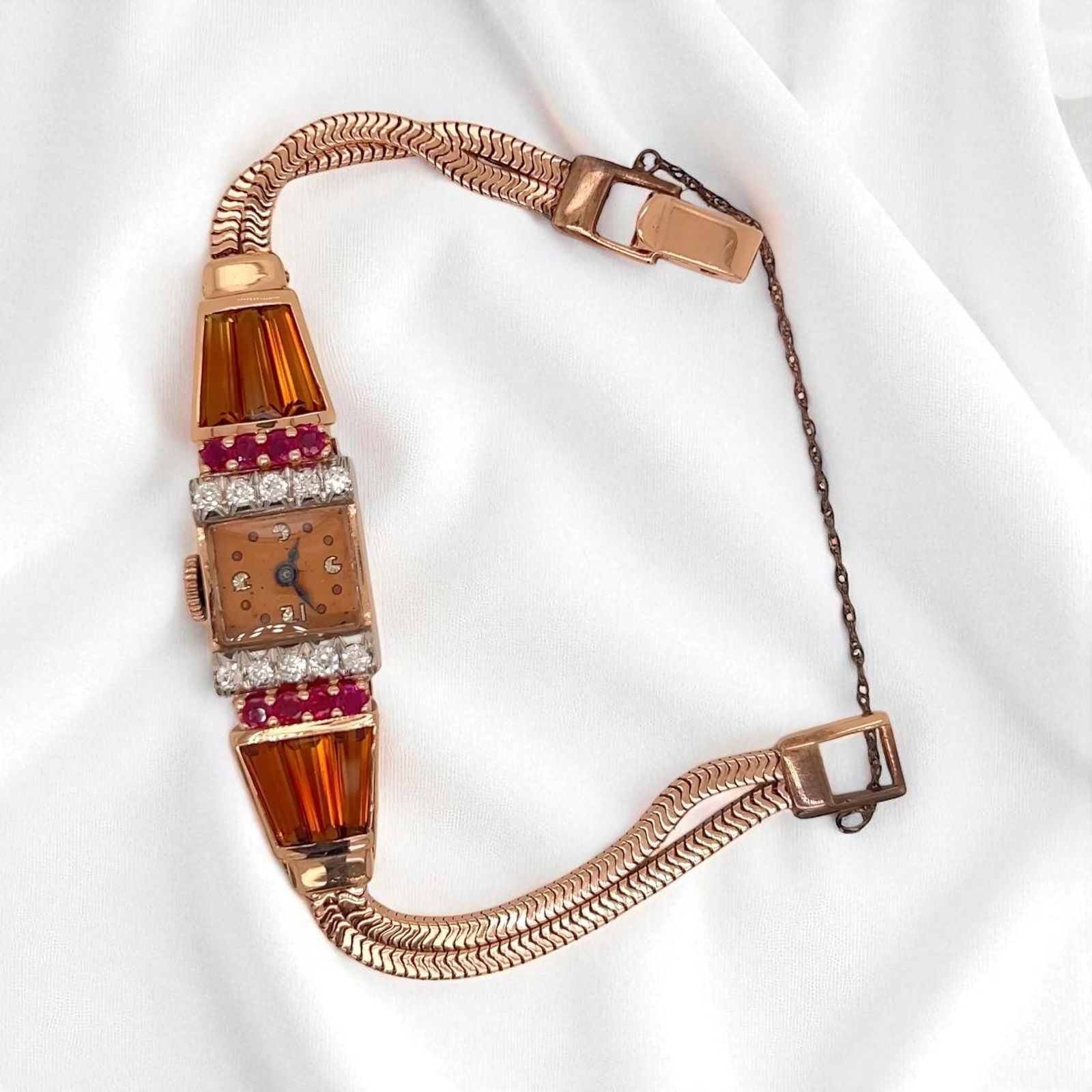 Vintage 14k rose gold ladies art deco citrine ruby diamond watch - 2