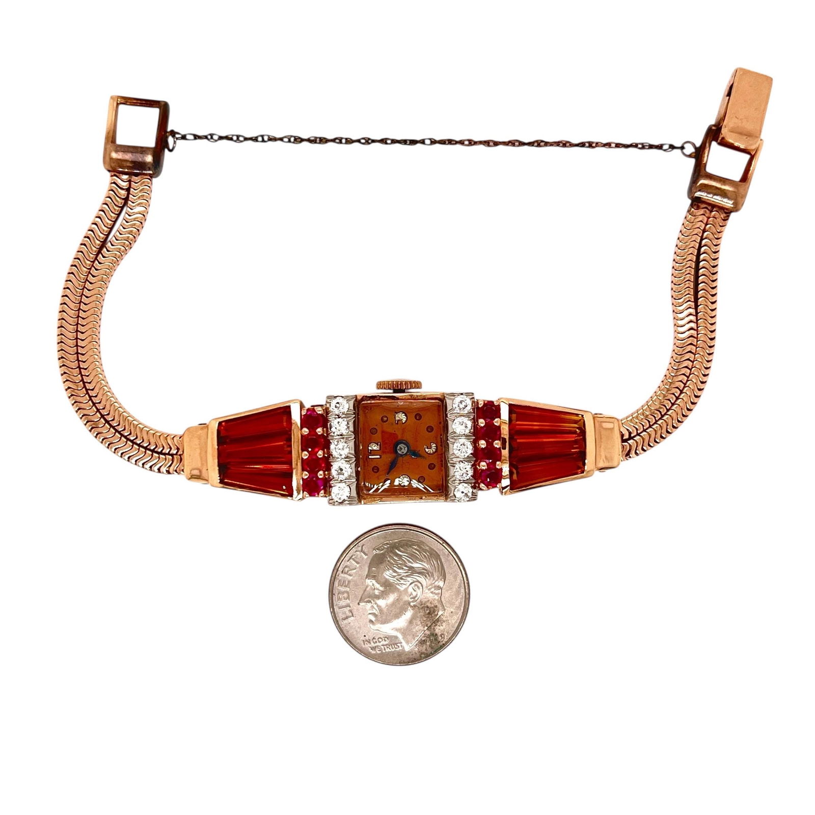 Vintage 14k rose gold ladies art deco citrine ruby diamond watch - 3