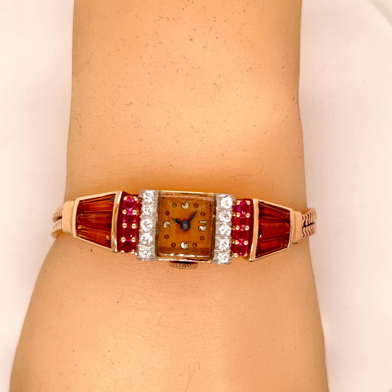 Vintage 14k rose gold ladies art deco citrine ruby diamond watch - 6