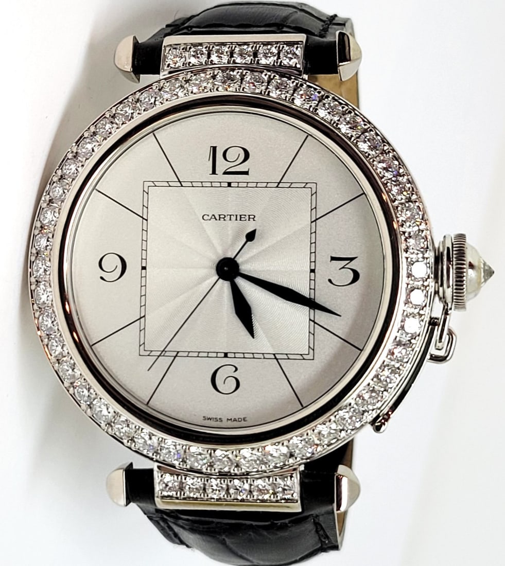 Unisex 18k White Gold CARTIER PASHA With Diamonds Automatic Watch Ref 2727* 42mm: Unisex Solid 18k White Gold CARTIER PASHA With Diamonds Automatic Watch Ref 2727* 42mm ​EXLNT​ This Unisex CARTIER watch is Swiss made. Great present for yourself or someone you love! * So