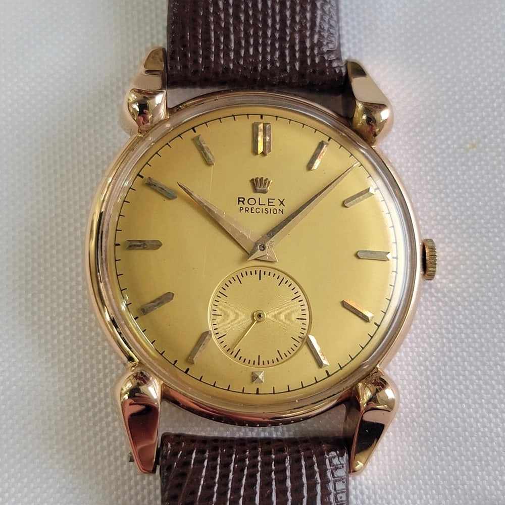 Rolex Precision Ref 4431 18k Rose Gold Mens 1940s 33mm Manual Wind RA689: Title:Rolex Precision Ref 4431 18k Rose Gold Mens 1940s 33mm Manual Wind RA689 Description:Rare, timeless treasure 18k solid rose gold Rolex Precision ref 4431 fancy lugs manual wind dress watch, c.19