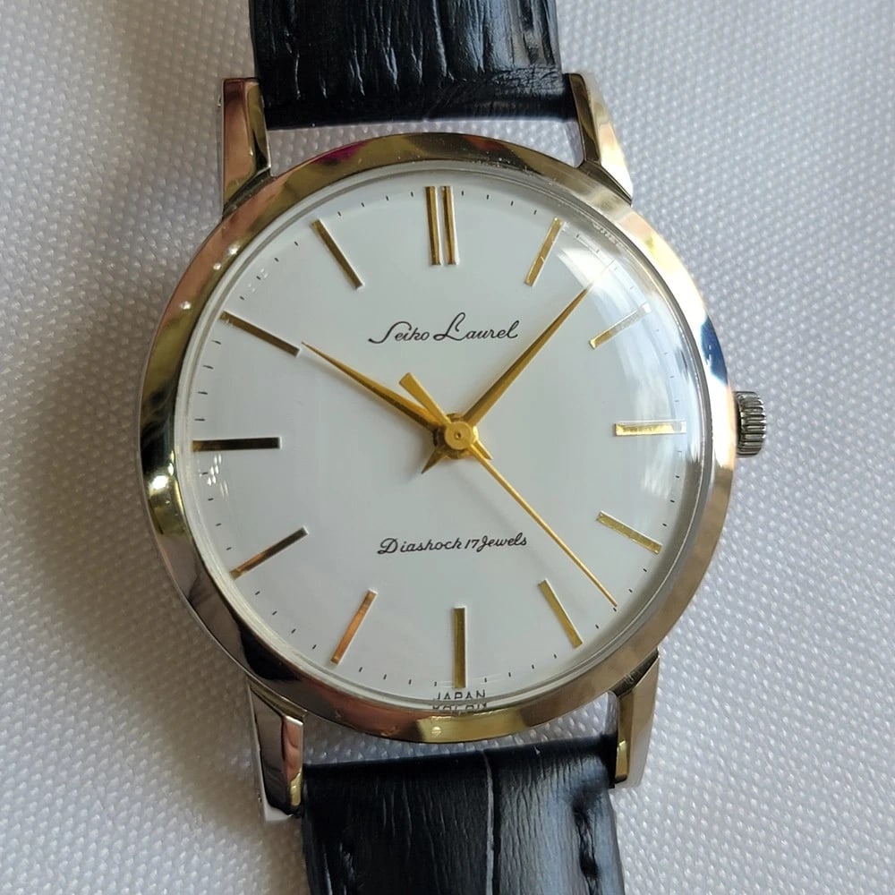 Seiko Laurel Ref 14073 35mm Mens 1960s Vintage Manual Wind Dress Watch RA726: Title:Seiko Laurel Ref 14073 35mm Mens 1960s Vintage Manual Wind Dress Watch RA726 Description:Vintage classic, NOS Men's Seiko Laurels manual wind, c.1960s, the name commemorate Seiko's first wristwa