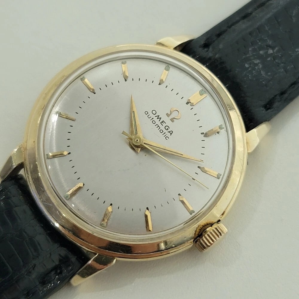 Omega Collection GX6525 34mm 14k Solid Gold Mens Automatic 1950s Vintage RA579: Title:Omega Collection GX6525 34mm 14k Solid Gold Mens Automatic 1950s Vintage RA579 Description:Luxurious classic, Men's Omega US Collection GX 6525 14k solid gold automatic, c.1956, in excellent wor