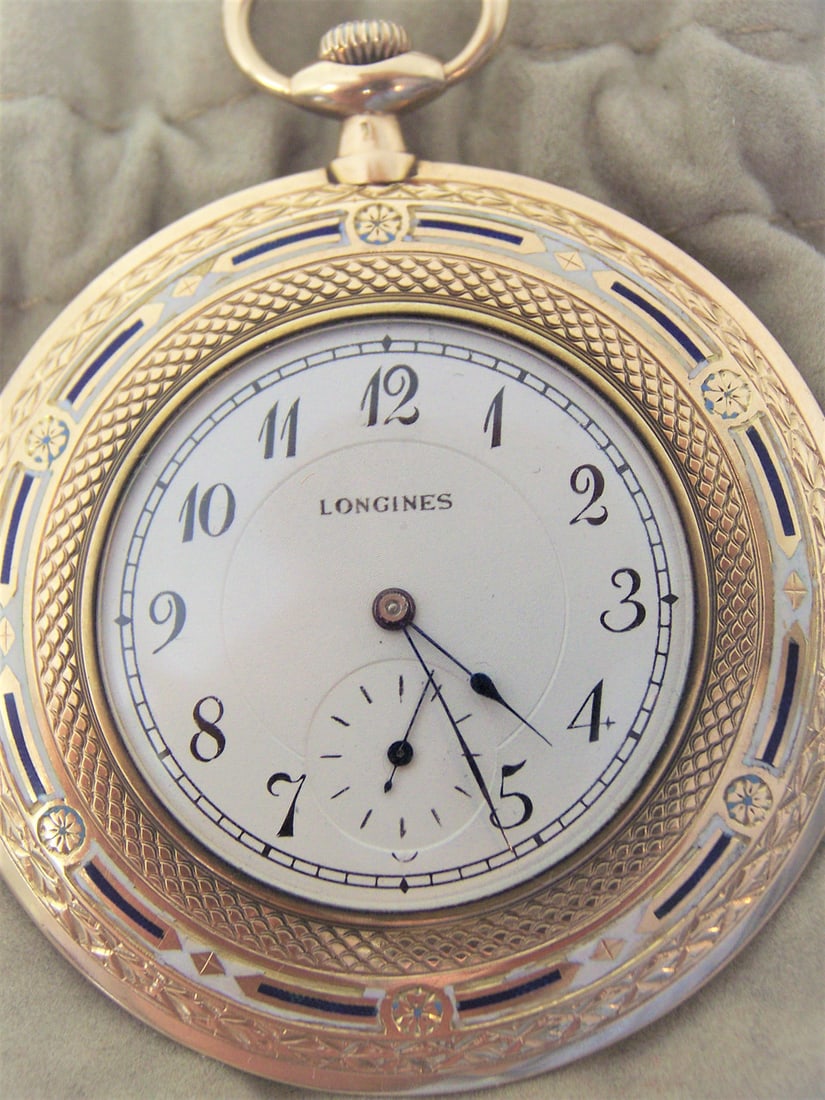 Antique 14k LONGINES Unisex Pocket watch c.1912* 47 mm w/Enamel Ornaments* EXLNT - 12