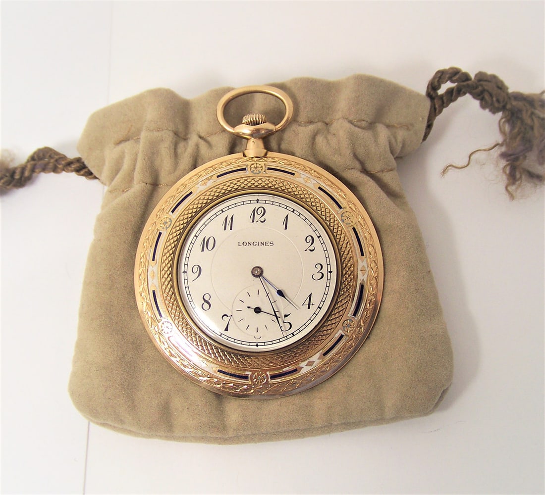 Antique 14k LONGINES Unisex Pocket watch c.1912* 47 mm w/Enamel Ornaments* EXLNT - 13