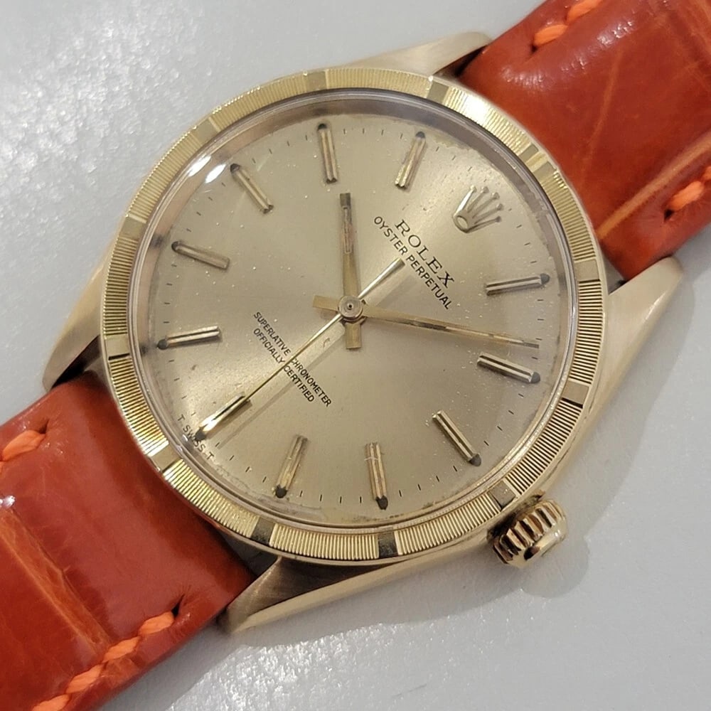 Mens Rolex Oyster Perpetual Ref 1007 18k Solid Gold 1960s 34mm Automatic RA438: Title:Mens Rolex Oyster Perpetual Ref 1007 18k Solid Gold 1960s 34mm Automatic RA438 Description:Elegant luxury, Men's 18k solid gold Rolex Oyster perpetual ref.1007 automatic, c.1967, in excellent wo