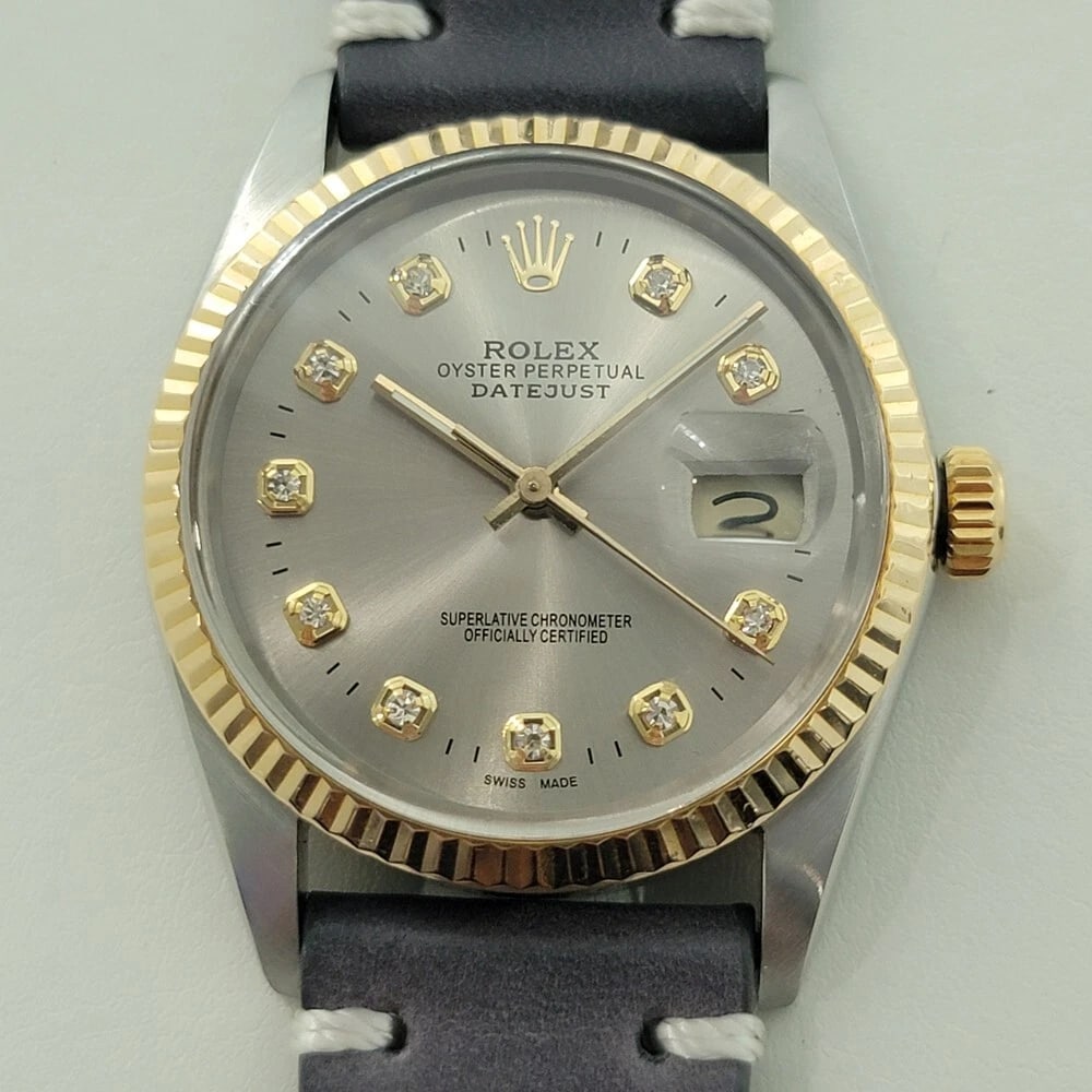 Rolex Oyster 16013 Datejust 36mm 18k SS Mens 1980s Diamond Dial Automatic RA551B: Title:Rolex Oyster 16013 Datejust 36mm 18k SS Mens 1980s Diamond Dial Automatic RA551B Description:Timeless icon, Men's 18k gold and stainless steel Rolex Oyster Perpetual 16013 Datejust diamond dial