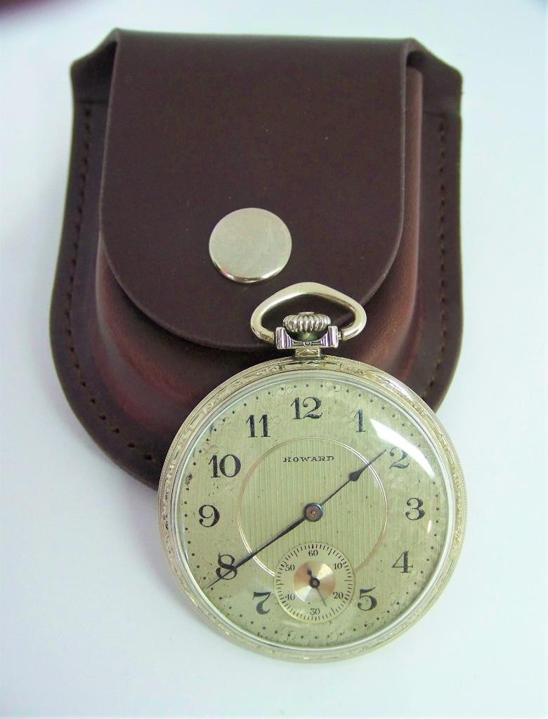 Vintage White Goldfilled HOWARD 17 Jewels Mens Pocket watch c.1920s* 44 mm EXLNT: Vintage White Goldfilled HOWARD 17 Jewels Mens Pocket watch c.1920s* 44 mm EXLNT​​ This Howard pocket watch is Swiss made Great present for yourself or someone you love as well as for vint