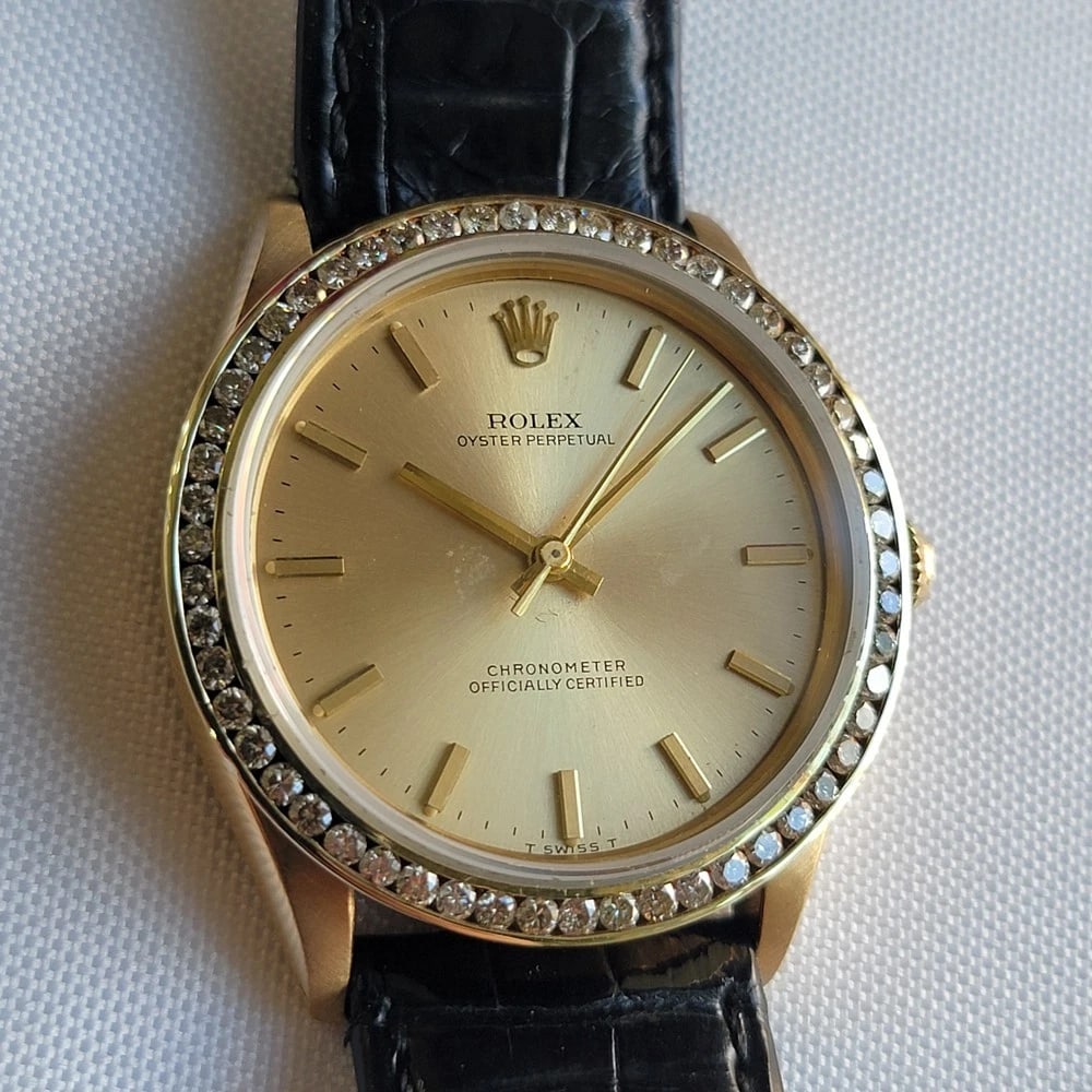Rolex Zephyr Ref 1029 18k Solid Gold 1970s Mens Automatic w Diamond Bezel RA698: Title:Rolex Zephyr Ref 1029 18k Solid Gold 1970s Mens Automatic w Diamond Bezel RA698 Description:Luxurious elegance, 18k solid gold Men's Rolex ref.1029 Zephyr diamond bezel automatic, c.1971, in exc