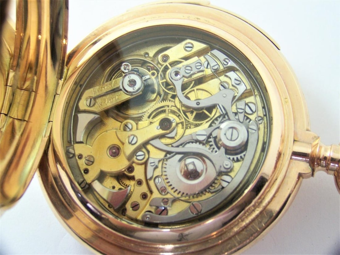 Antique 14K Minute Repeater MOON PHASE Chronograph Triple Calendar Pocket Watch - 11