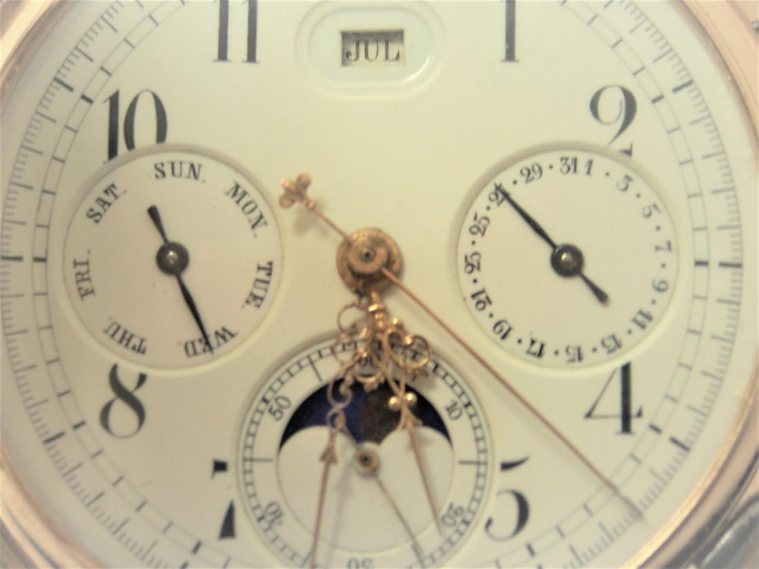 Antique 14K Minute Repeater MOON PHASE Chronograph Triple Calendar Pocket Watch - 3