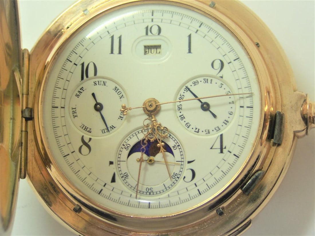 Antique 14K Minute Repeater MOON PHASE Chronograph Triple Calendar Pocket Watch - 6