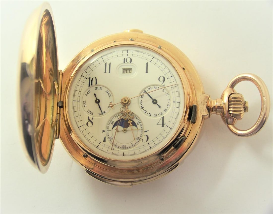Antique 14K Minute Repeater MOON PHASE Chronograph Triple Calendar Pocket Watch - 7