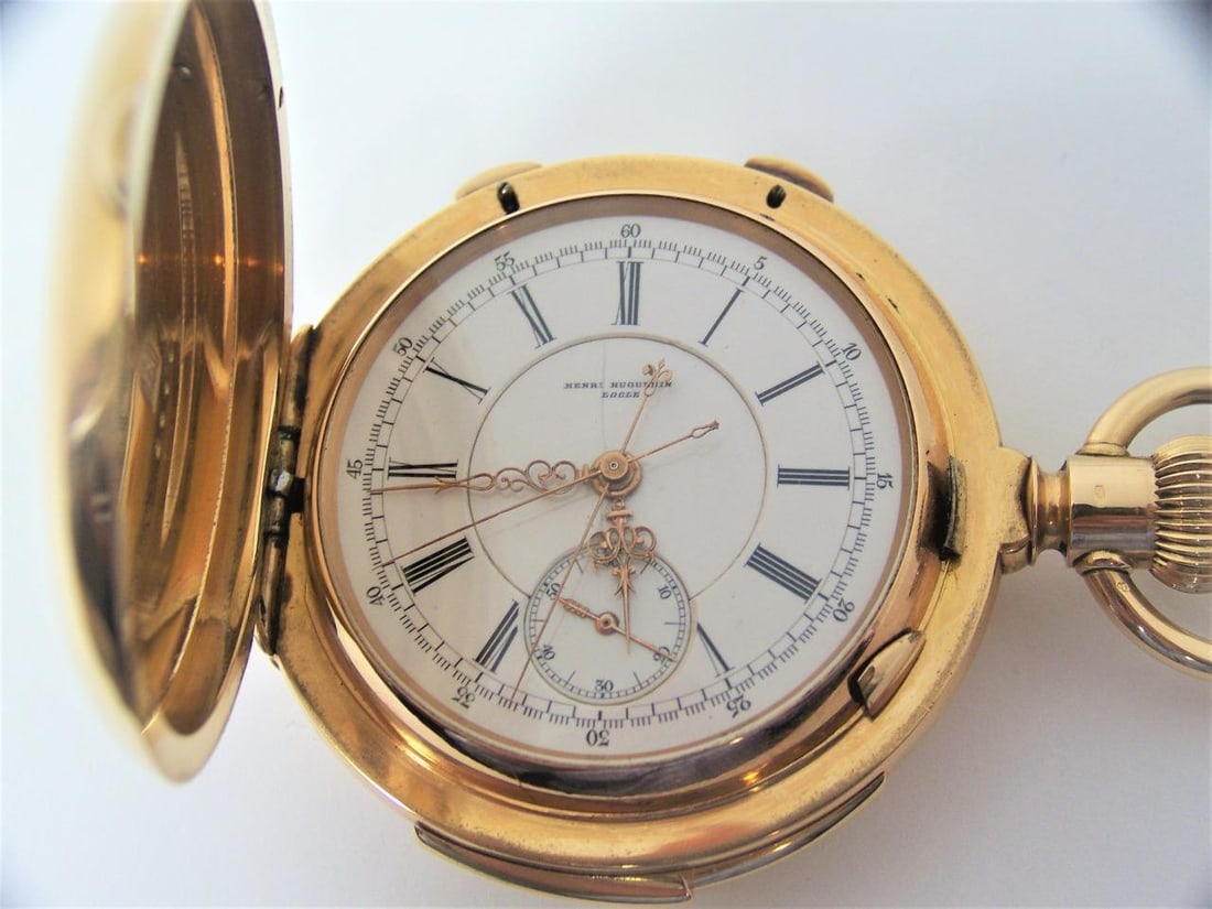 Antique 18K HENRI HUGUENIN Minute Repeater Split Second Chronograph Pocket watch - 3