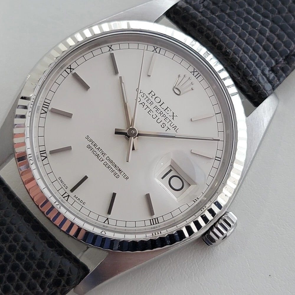 Mens Rolex Oyster Datejust 16014 1970s 36mm 18k White Gold SS Automatic RA520B: Title:Mens Rolex Oyster Datejust 16014 1970s 36mm 18k White Gold SS Automatic RA520B Description:Iconic classic, Men's Rolex 18k white gold and stainless steel Oyster Perpetual 16014 Datejust automati