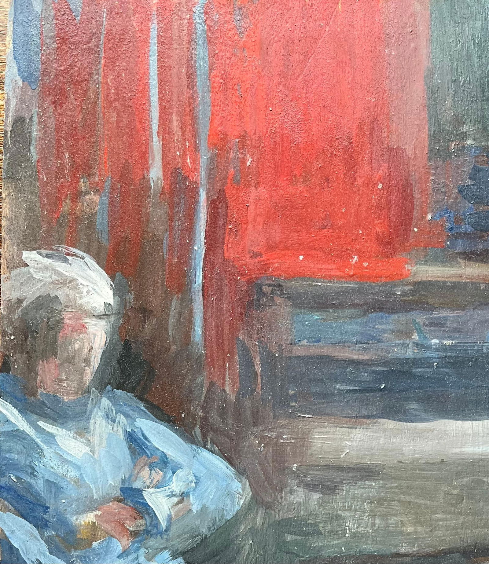 Bernadette Kelly; Modern French Oil Painting Seated Figure in a Red and Blue Interior Scene - 7