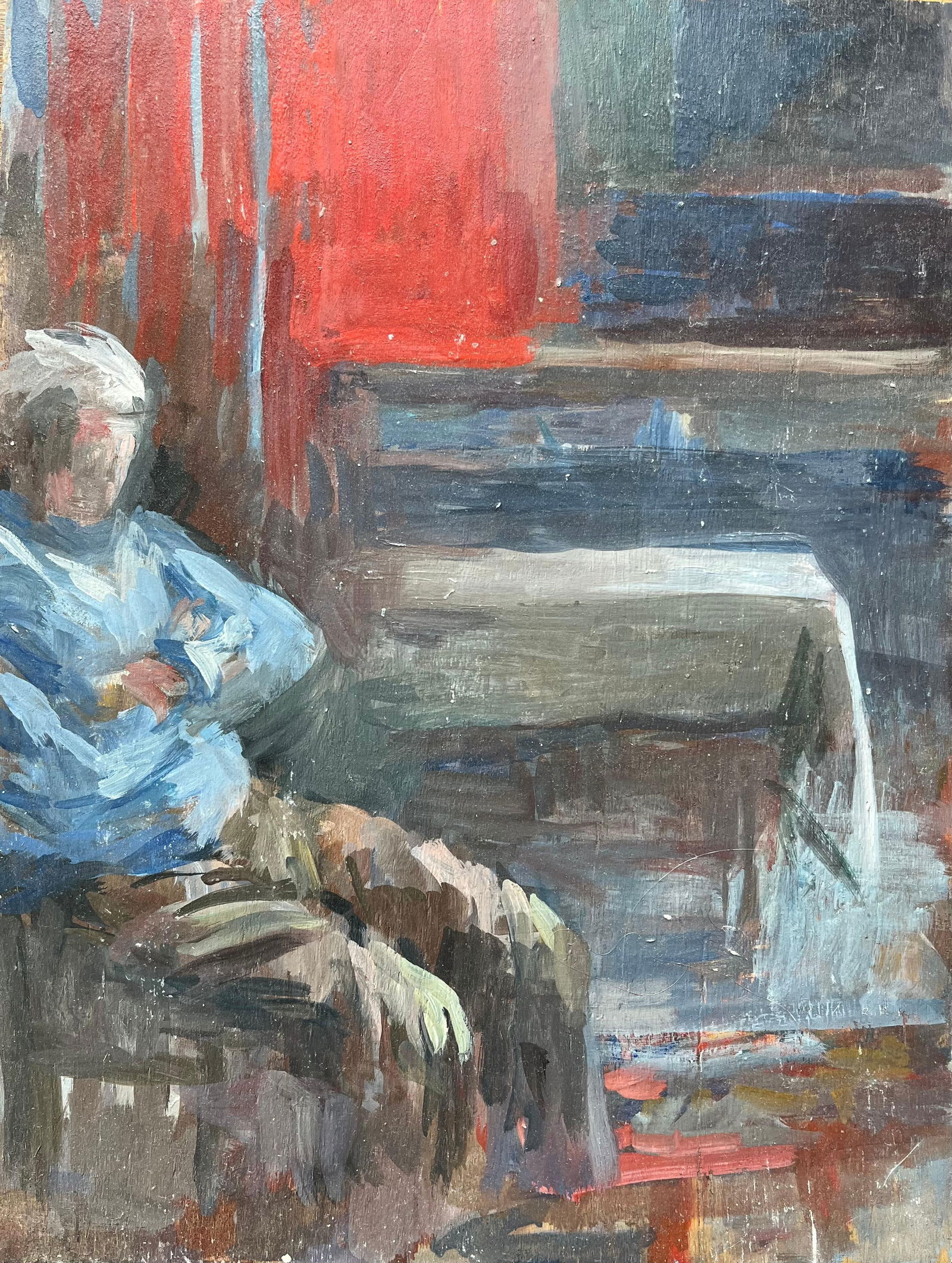 Bernadette Kelly; Modern French Oil Painting Seated Figure in a Red and Blue Interior Scene: Title: Bernadette Kelly; Modern French Oil Painting Seated Figure in a Red and Blue Interior Scene Description: Title: Modern French Oil Painting Two Reclining Nudes in a Red and Blue Abstract Scene b