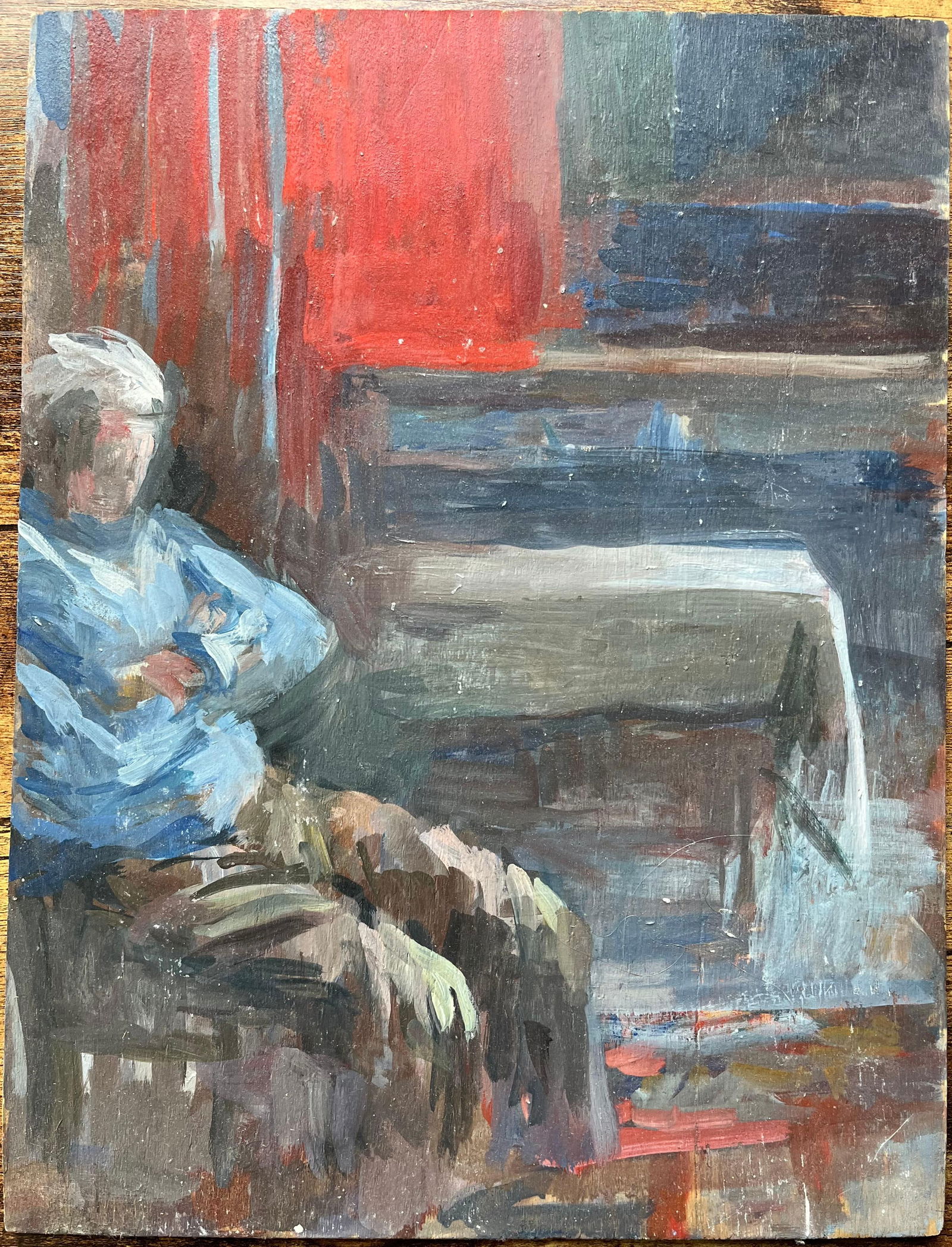 Bernadette Kelly; Modern French Oil Painting Seated Figure in a Red and Blue Interior Scene - 5