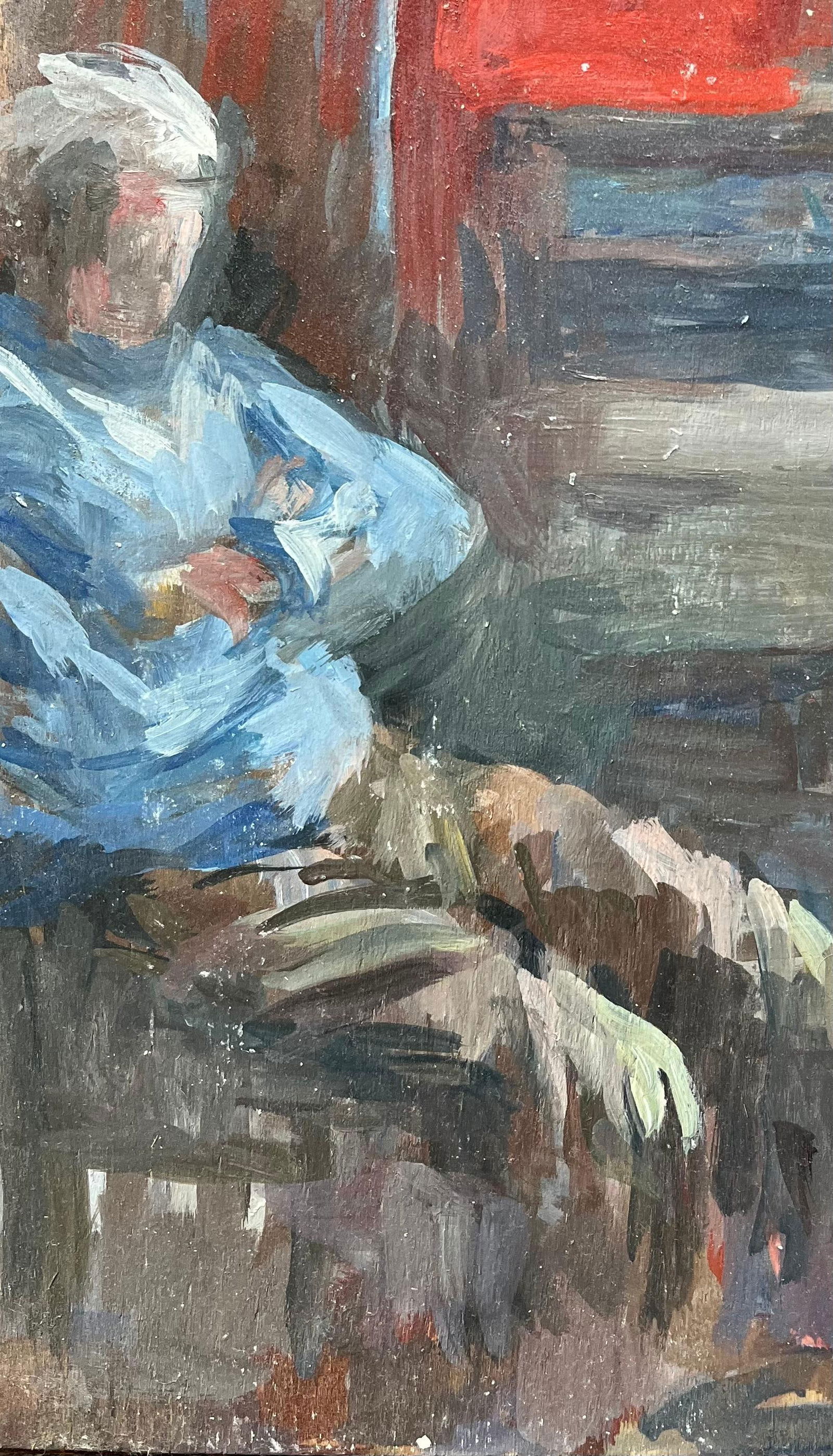 Bernadette Kelly; Modern French Oil Painting Seated Figure in a Red and Blue Interior Scene - 6