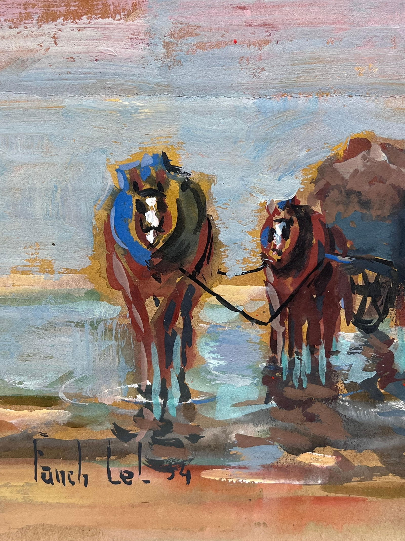 Fanch Lel; French Impressionist Rustic Workday at the Water’s Edge Horses & Cart Landscape, - 11