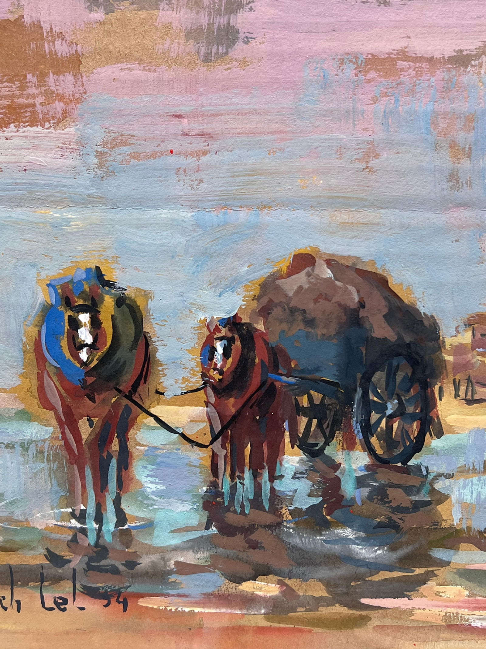 Fanch Lel; French Impressionist Rustic Workday at the Water’s Edge Horses & Cart Landscape, - 16