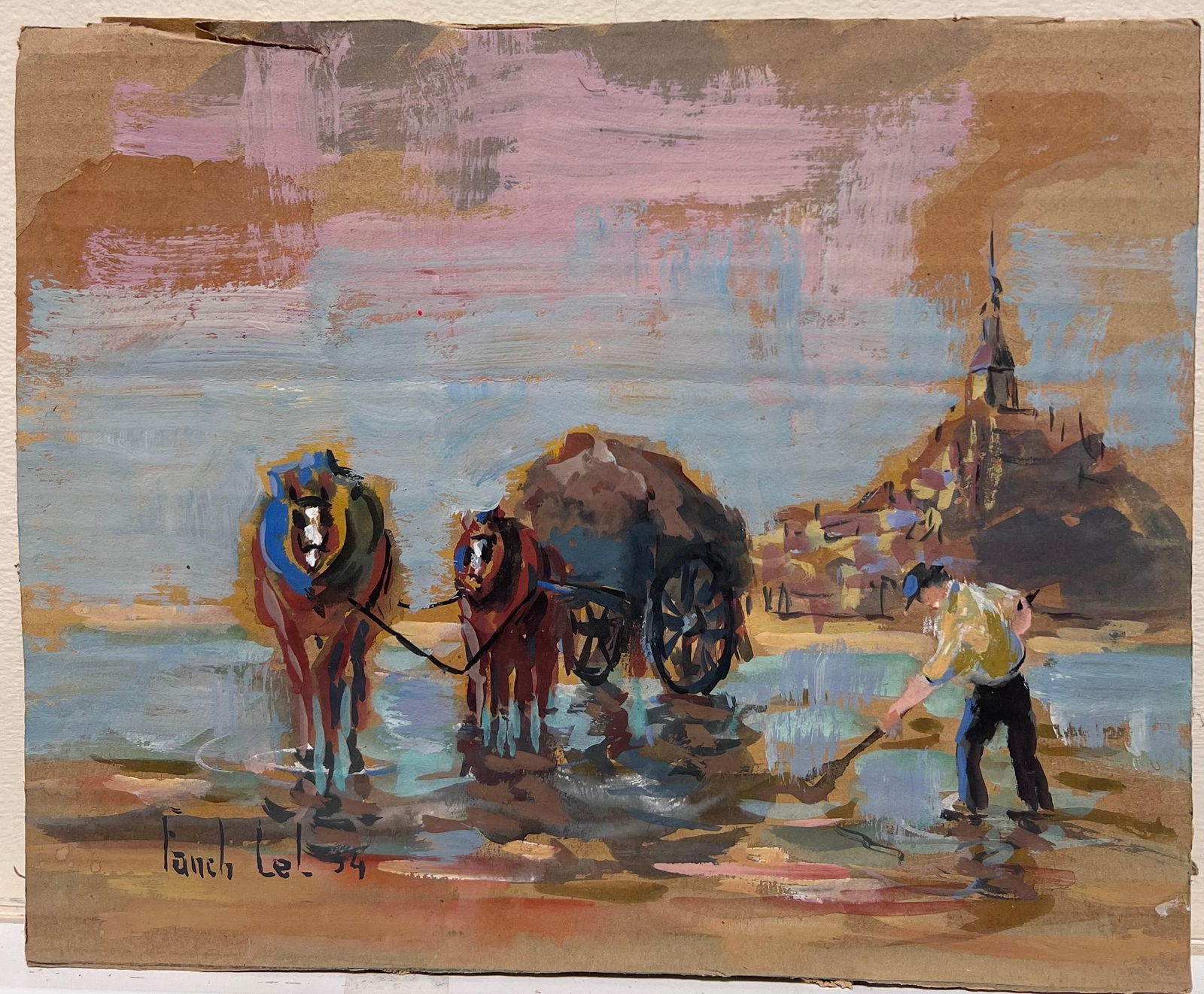 Fanch Lel; French Impressionist Rustic Workday at the Water’s Edge Horses & Cart Landscape, - 2