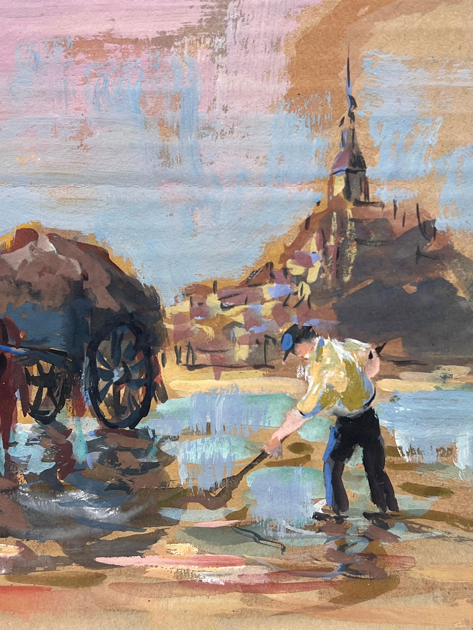 Fanch Lel; French Impressionist Rustic Workday at the Water’s Edge Horses & Cart Landscape, - 3