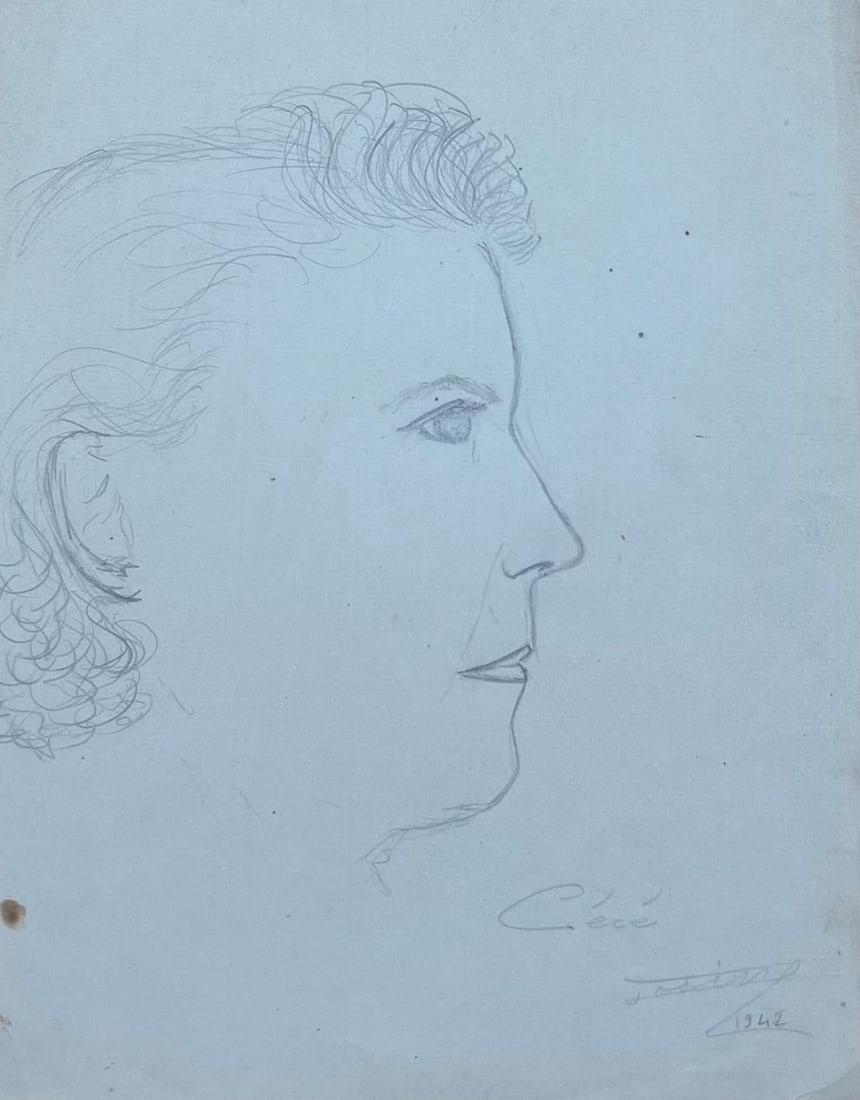 Josine Vignon; Mid Century French Pencil Study Portrait Profile of an Expressive Woman, 1942 - 4