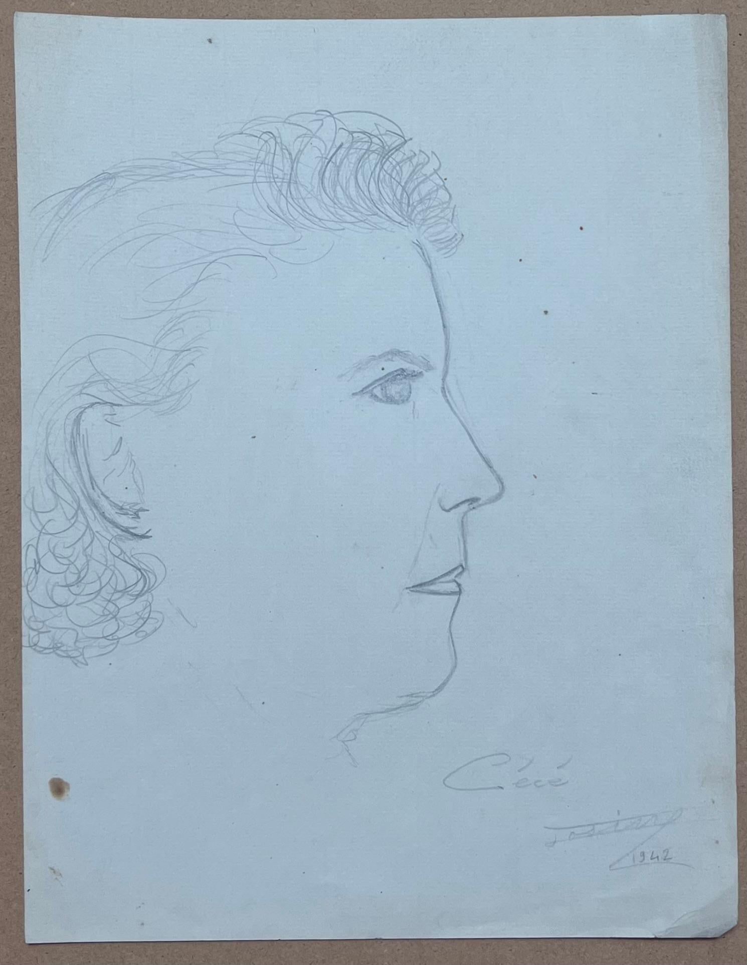 Josine Vignon; Mid Century French Pencil Study Portrait Profile of an Expressive Woman, 1942 - 5