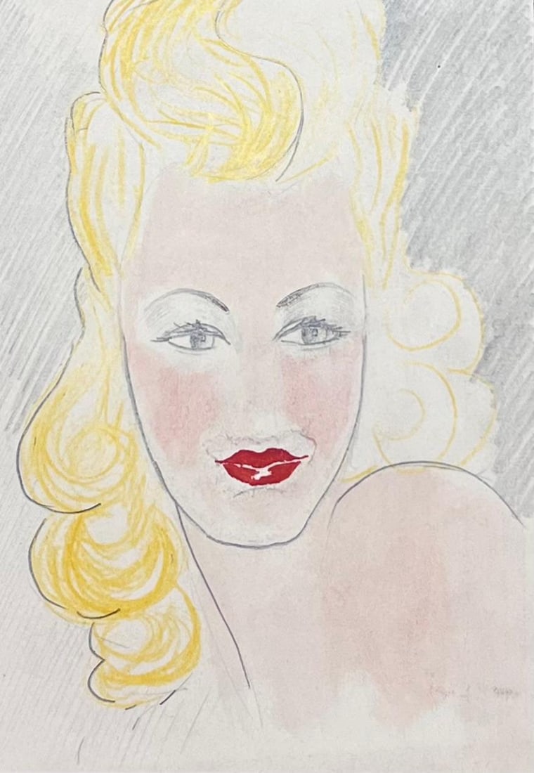 Josine Vignon; Mid Century French Pencil Sketch of A Blonde Women with Bright Red Lipstick, 1942 - 2