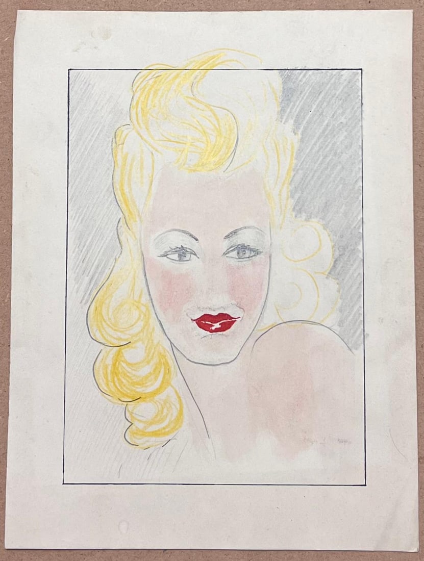 Josine Vignon; Mid Century French Pencil Sketch of A Blonde Women with Bright Red Lipstick, 1942 - 3