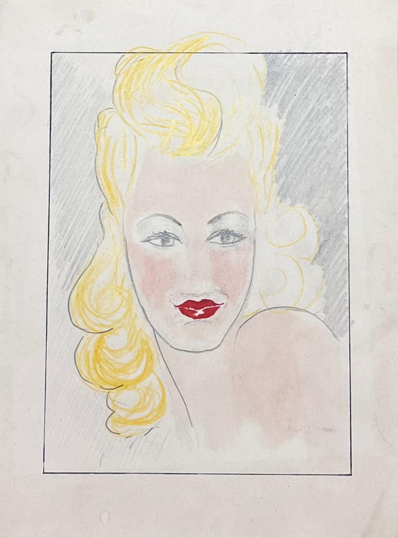 Josine Vignon; Mid Century French Pencil Sketch of A Blonde Women with Bright Red Lipstick, 1942 - 4