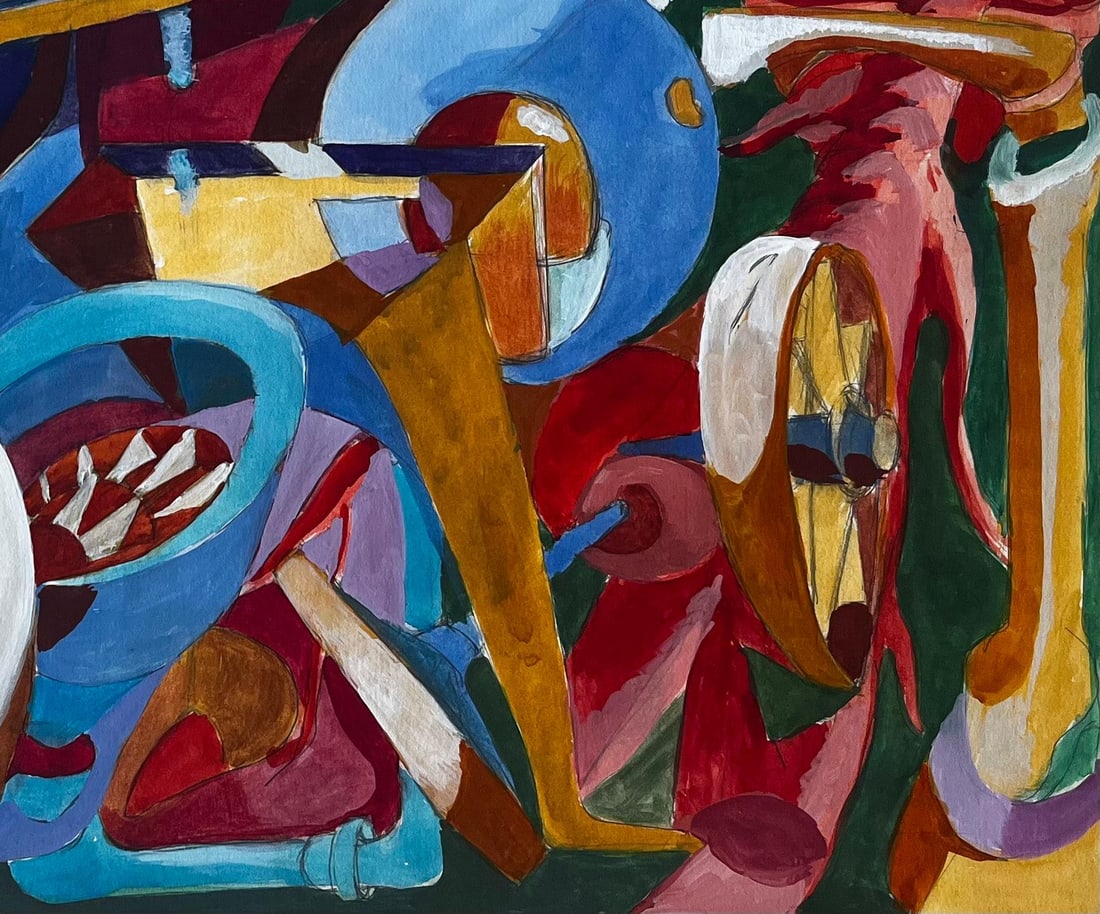 Guy Nicod; Cubist Gouache Still Life With Bottles Glasses Table And Musical Instruments - 7