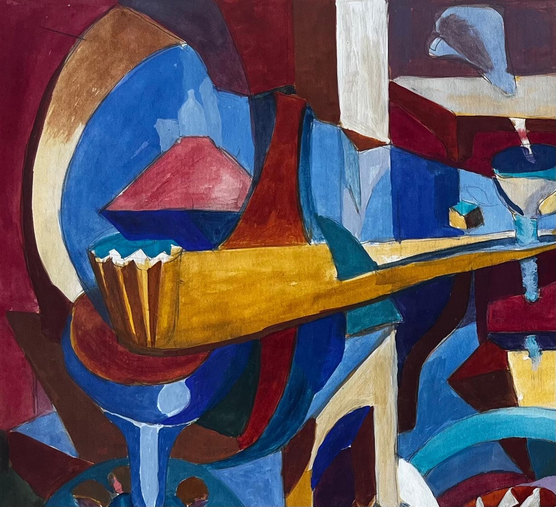 Guy Nicod; Cubist Gouache Still Life With Bottles Glasses Table And Musical Instruments - 8