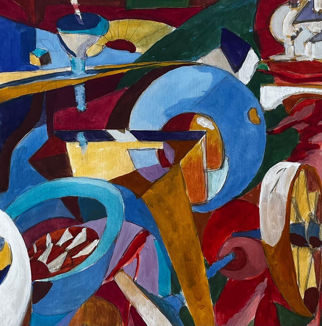 Guy Nicod; Cubist Gouache Still Life With Bottles Glasses Table And Musical Instruments - 10