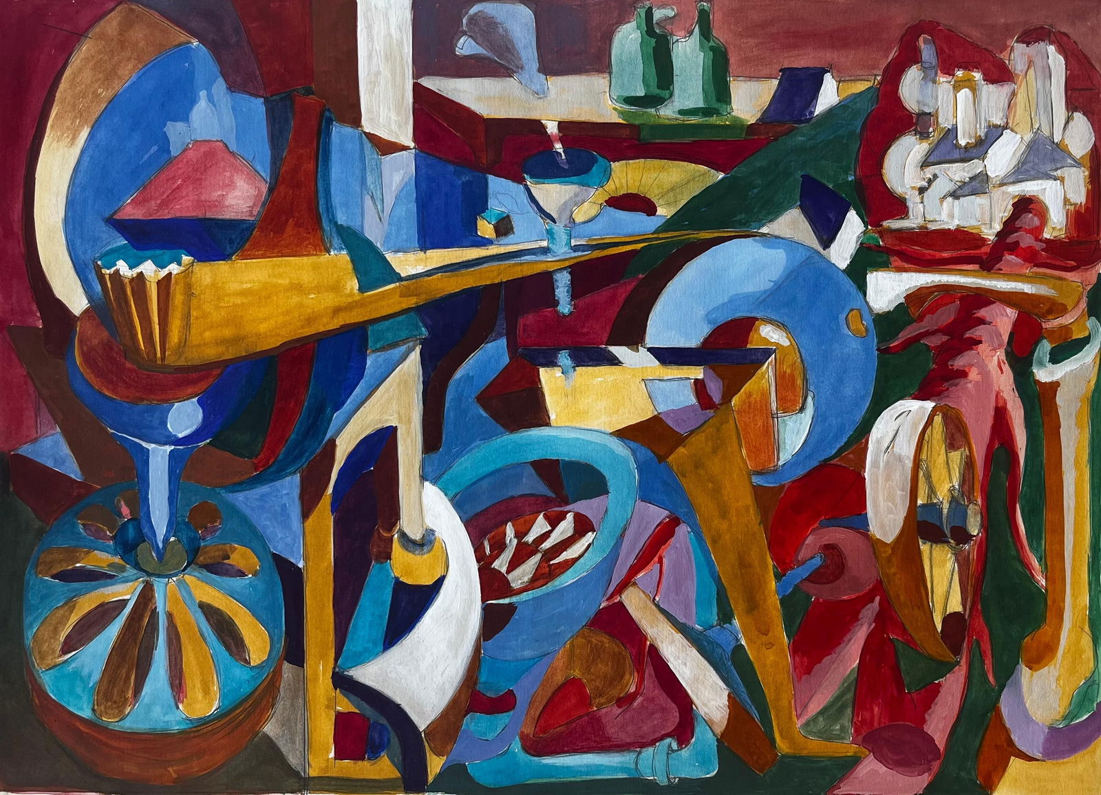 Guy Nicod; Cubist Gouache Still Life With Bottles Glasses Table And Musical Instruments: Title: Guy Nicod; Cubist Gouache Still Life With Bottles Glasses Table And Musical Instruments Description: Title: Cubist Gouache Still Life With Bottles Glasses Table And Musical Instruments Guy