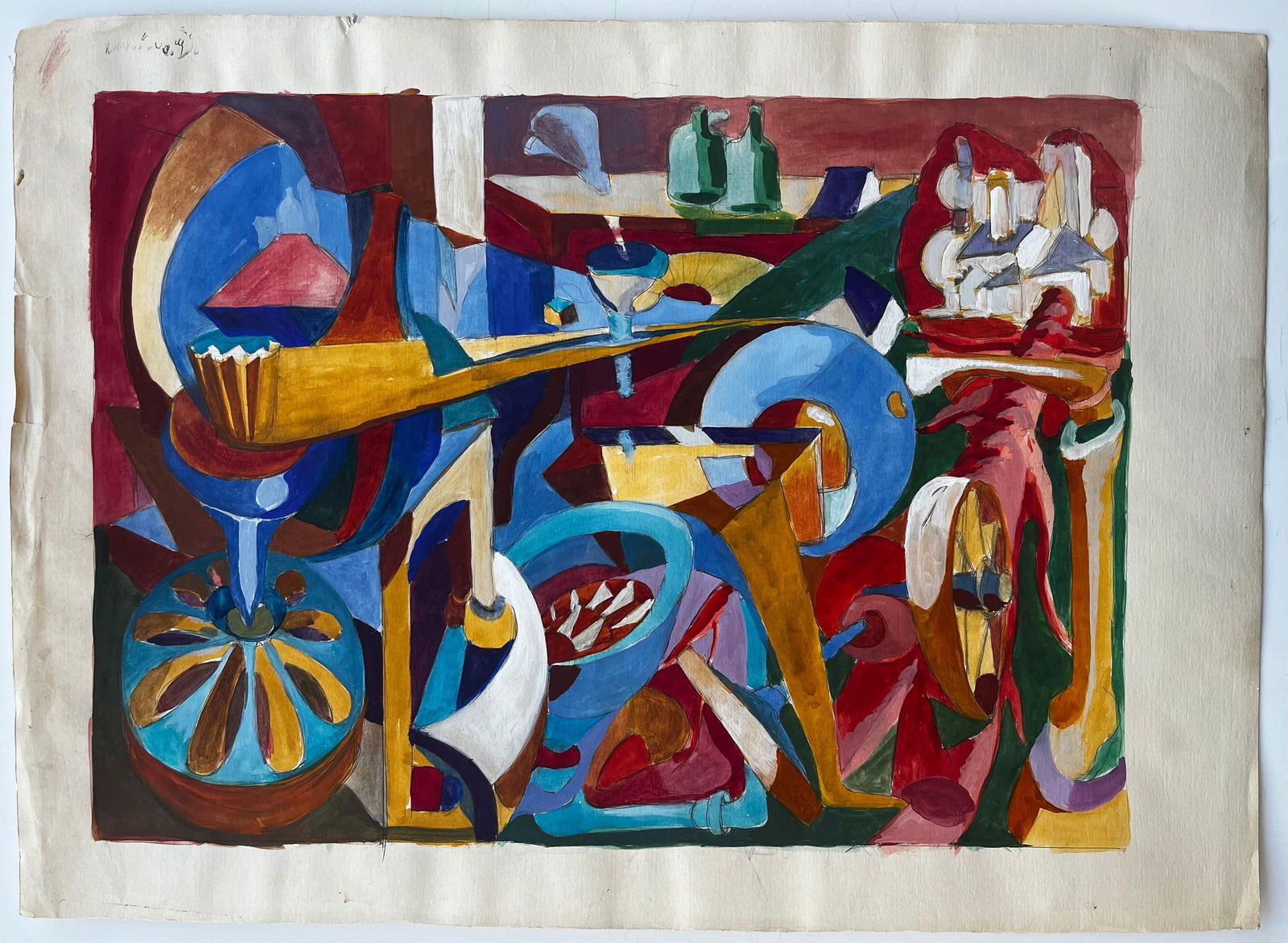 Guy Nicod; Cubist Gouache Still Life With Bottles Glasses Table And Musical Instruments - 5
