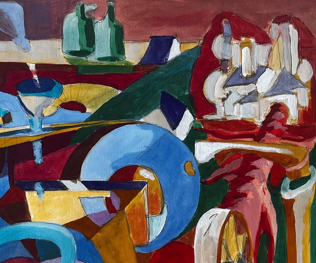 Guy Nicod; Cubist Gouache Still Life With Bottles Glasses Table And Musical Instruments - 6