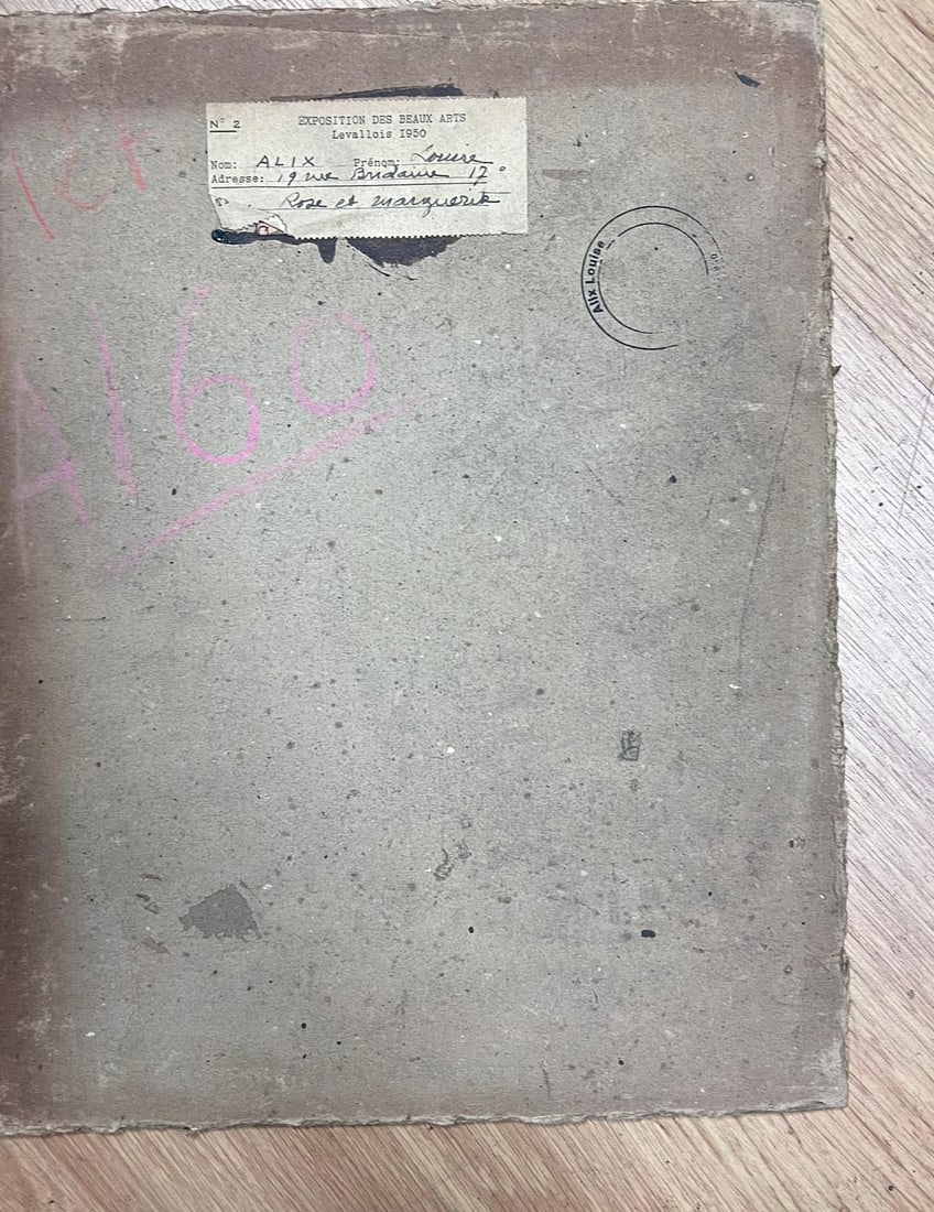 Louise Alix; 1930's French Impressionist Signed Oil Painting Roses & Daisies in Glass Vase, 1940's - 9