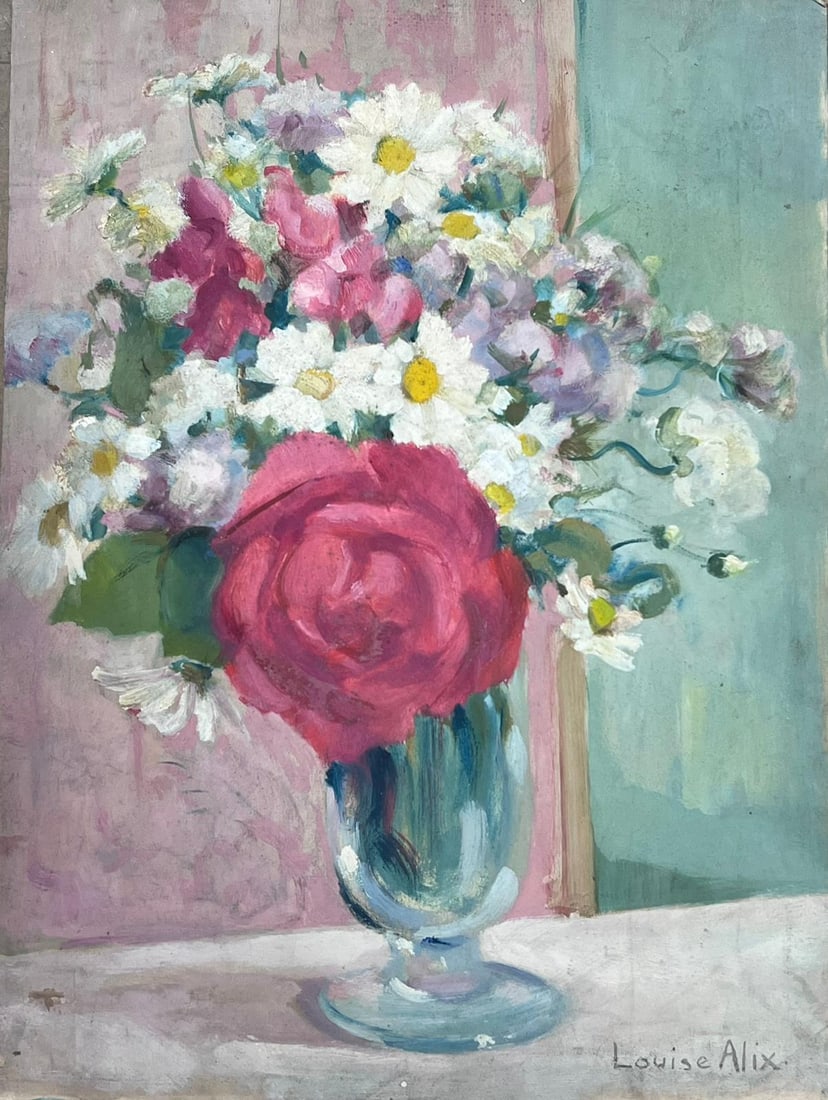 Louise Alix; 1930's French Impressionist Signed Oil Painting Roses & Daisies in Glass Vase, 1940's: Title: Louise Alix; 1930's French Impressionist Signed Oil Painting Roses & Daisies in Glass Vase, 1940's Description: Vintage French Painting signed by Louise Alix (French, 1888-1980) *see notes belo