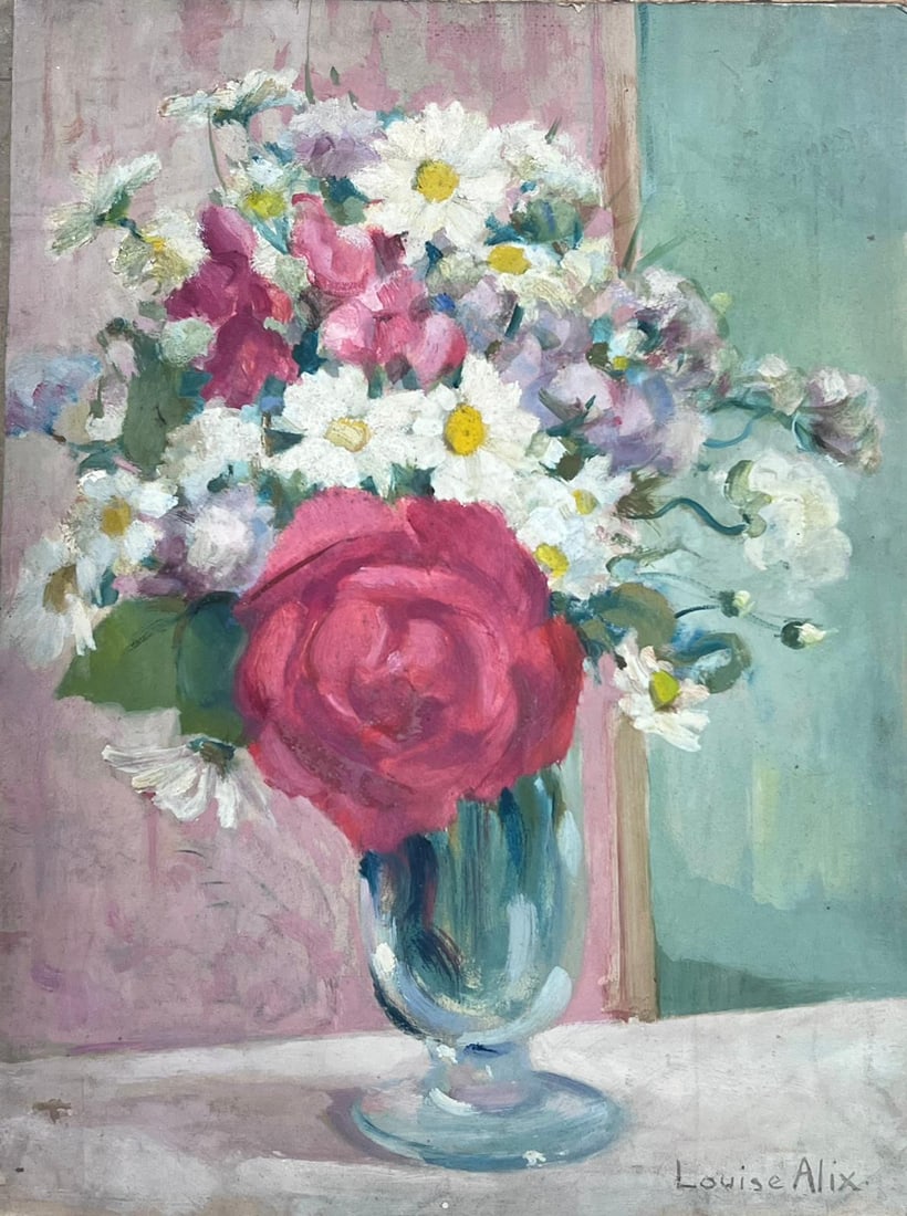 Louise Alix; 1930's French Impressionist Signed Oil Painting Roses & Daisies in Glass Vase, 1940's - 5