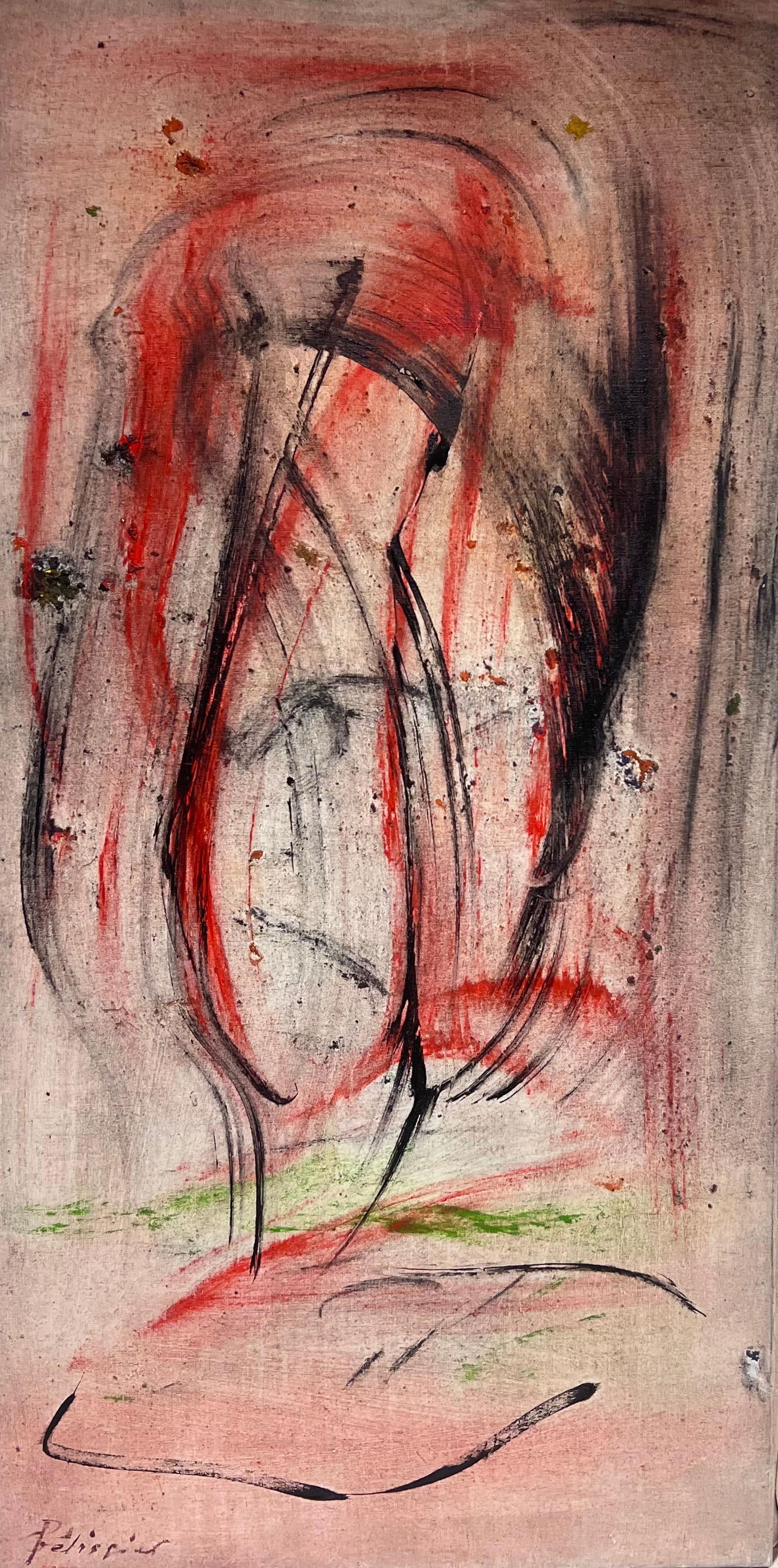 Gilbert Pelissier; Expressionist Red and Black Abstract French 20th Century Painting, 1986: Title: Gilbert Pelissier; Expressionist Red and Black Abstract French 20th Century Painting, 1986 Description: Hilltop Fortress by Max Toutain (1935-2006) oil painting on board, unframed board : 20 x