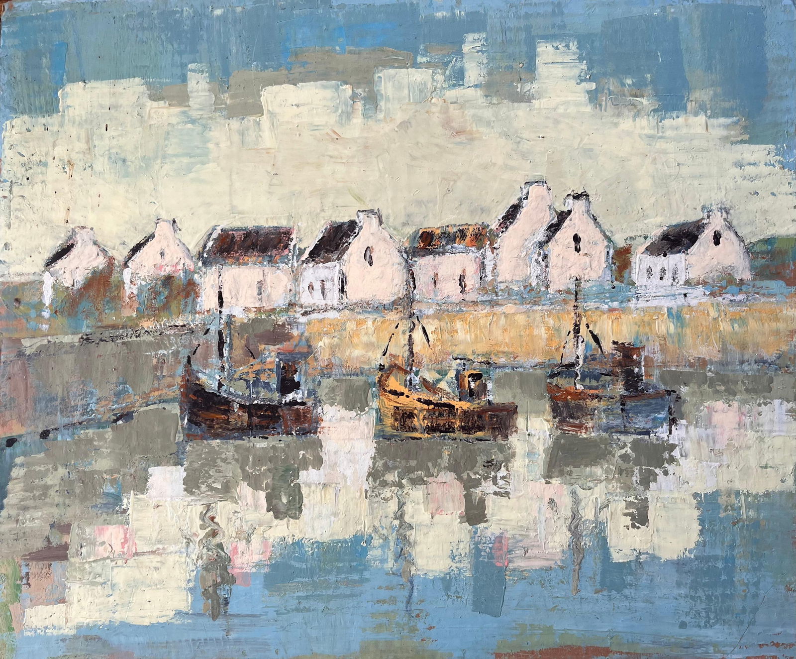 Fanch Lel; French Impressionist Harbour Scene with Fishing Boats and Whitewashed Houses: Title: Fanch Lel; French Impressionist Harbour Scene with Fishing Boats and Whitewashed Houses Description: Piazzo San Marco, Venice by Etienne Auguste Krier (1875 - 1953) oil on board, framed