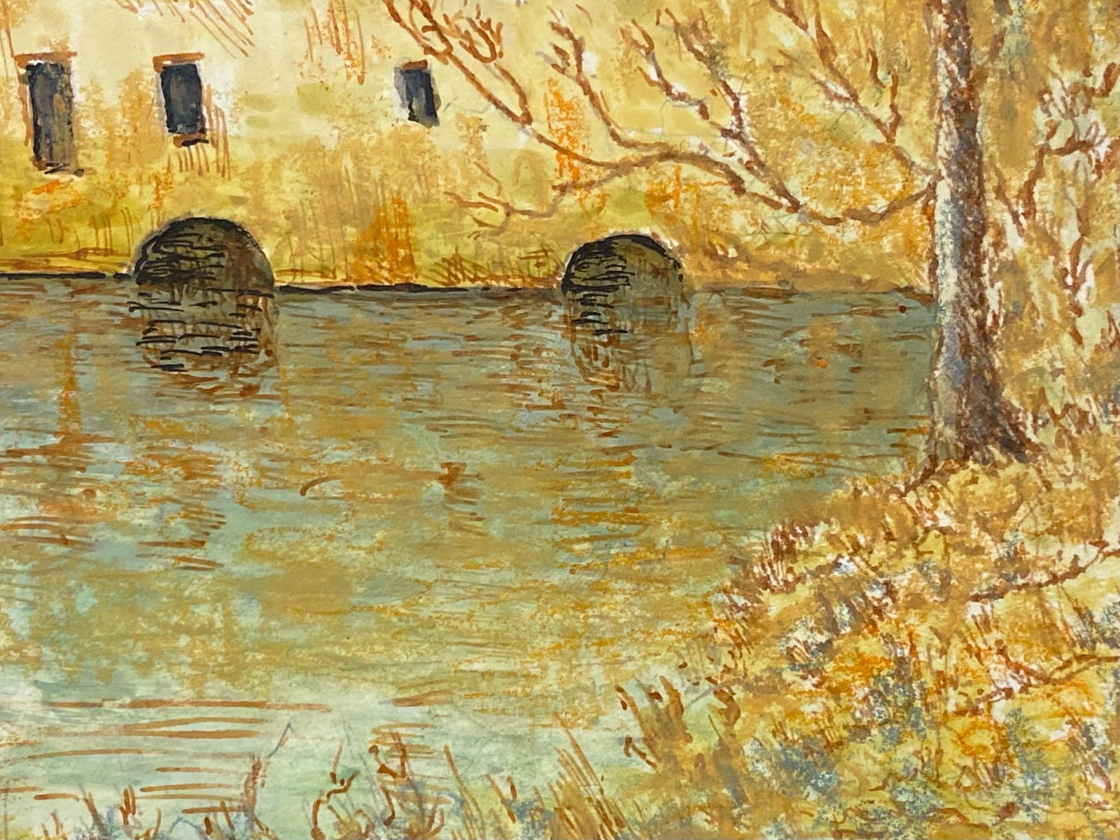 1950's Modernist Painting, French Building over Lake, 1950s - 7